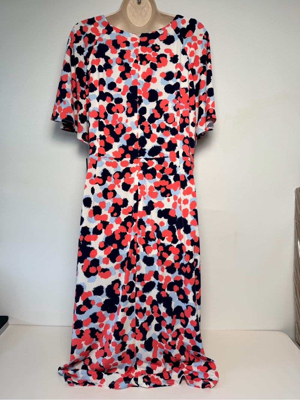 Maggy London Flutter Sleeve Faux Wrap Midi Dress Multicolor Polka Dot Size 16 - Picture 3 of 9